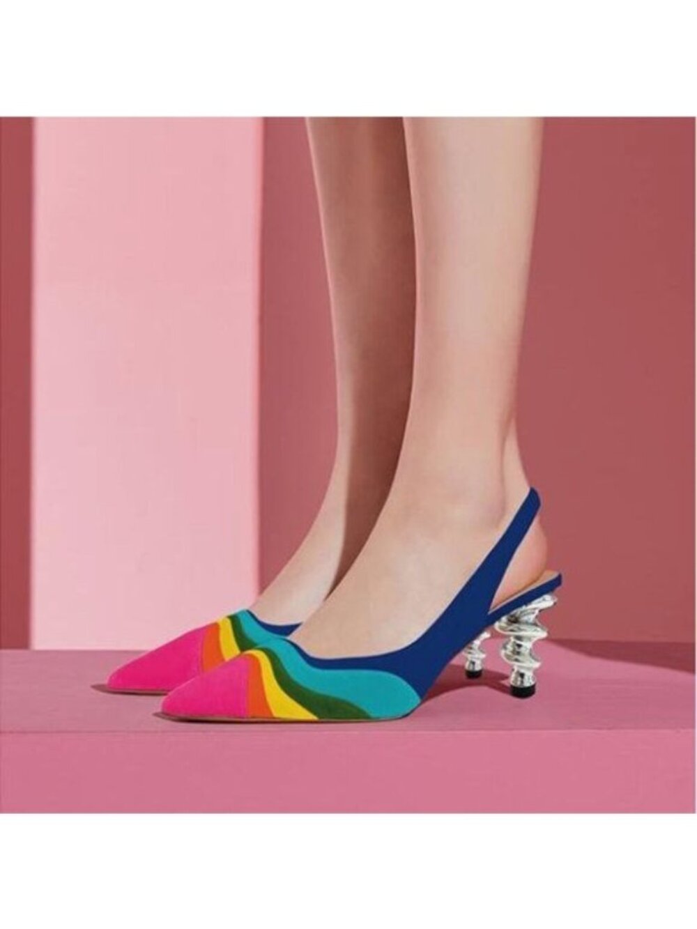 Women Rainbow Color Stripes Strange Spiral High Heel Pumps Slip On Pointed Toe